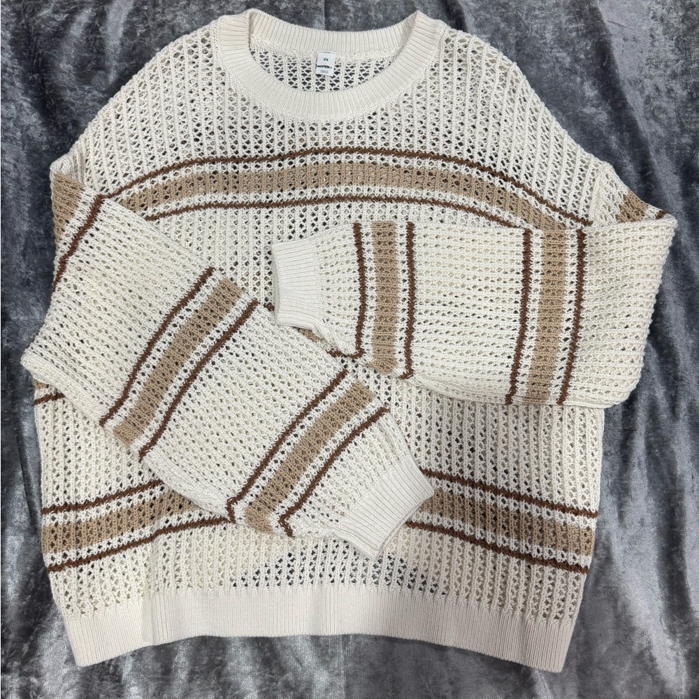 Old Navy Cream and Brown Chunky Knit Crew Neck Sweater
